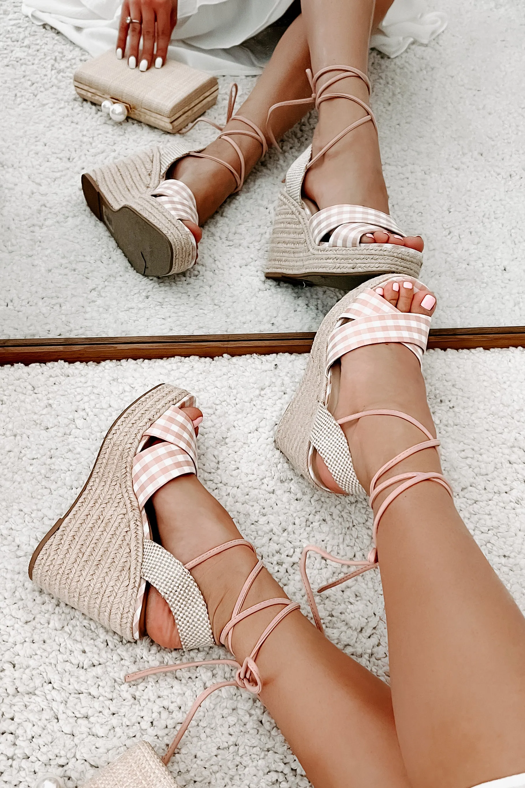 So Sweet Gingham Ankle Tie Wedge (Peach/White)