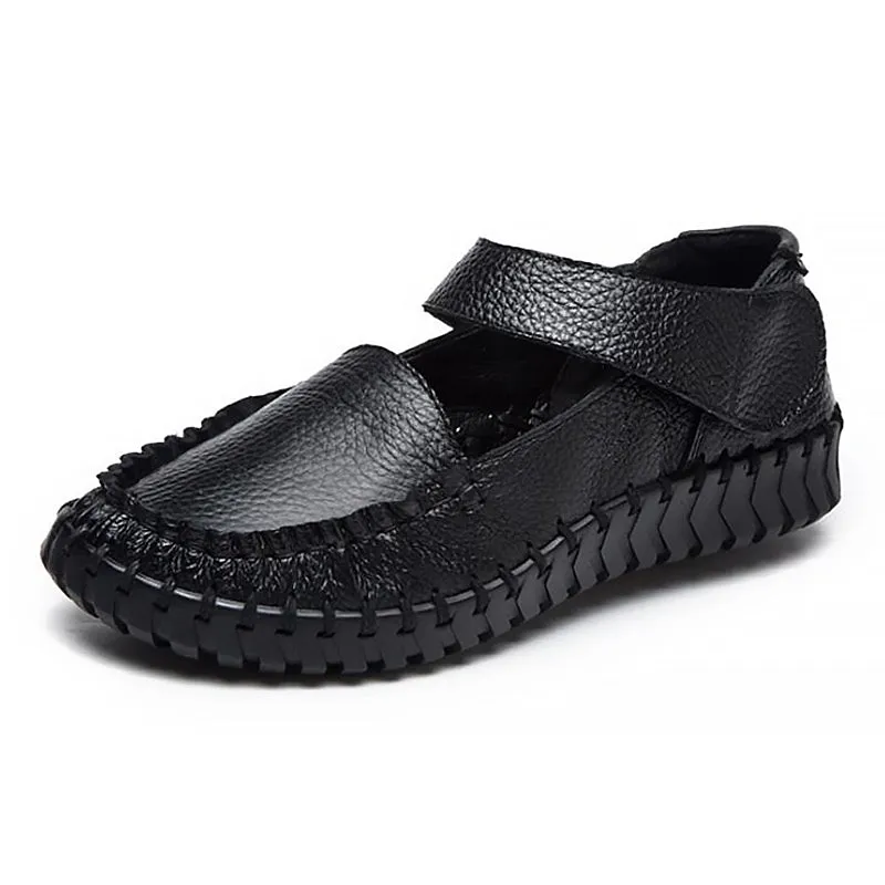 Soft Tanned Cowhide Hand-Stitched Velcro-Close Leather Loafers