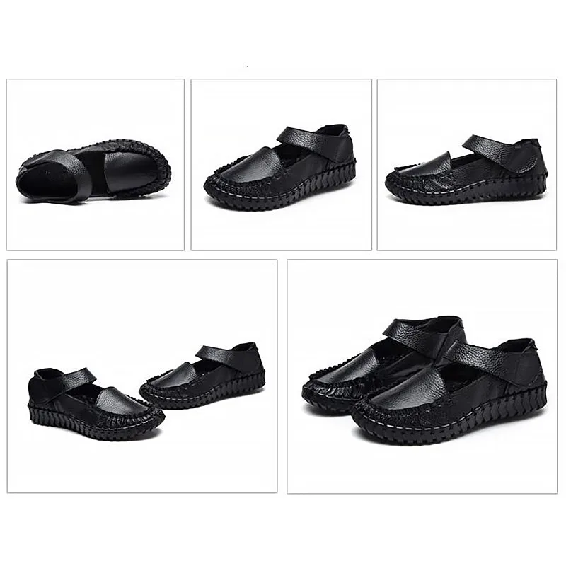 Soft Tanned Cowhide Hand-Stitched Velcro-Close Leather Loafers