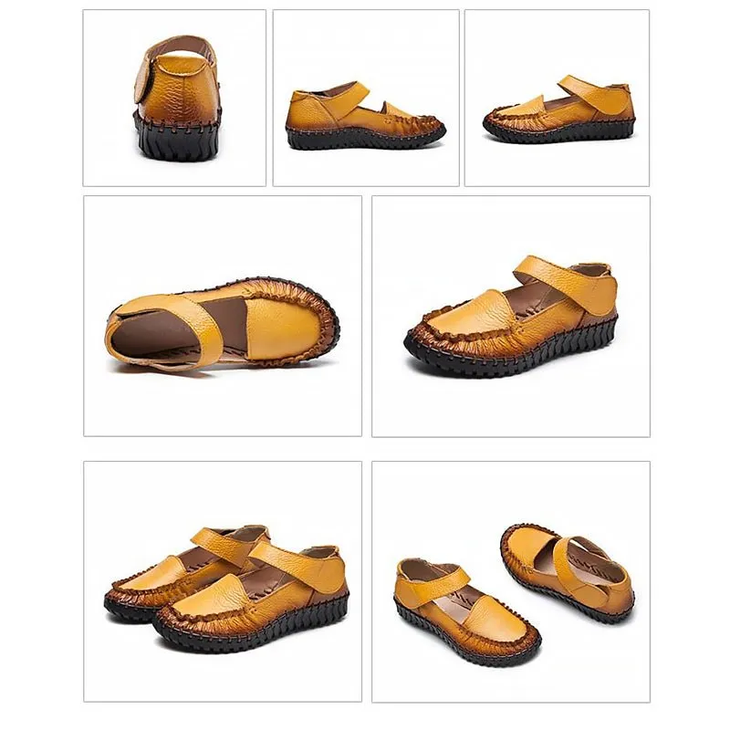 Soft Tanned Cowhide Hand-Stitched Velcro-Close Leather Loafers