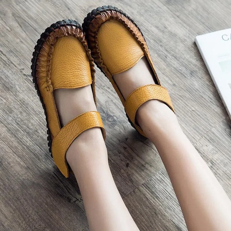 Soft Tanned Cowhide Hand-Stitched Velcro-Close Leather Loafers