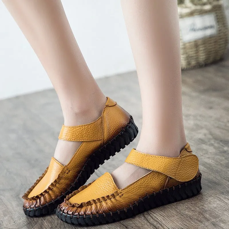 Soft Tanned Cowhide Hand-Stitched Velcro-Close Leather Loafers