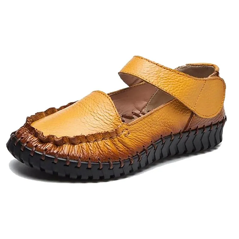 Soft Tanned Cowhide Hand-Stitched Velcro-Close Leather Loafers