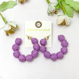 Sorbet Summer Raffia Ball Hoop Earrings in Lavender Purple